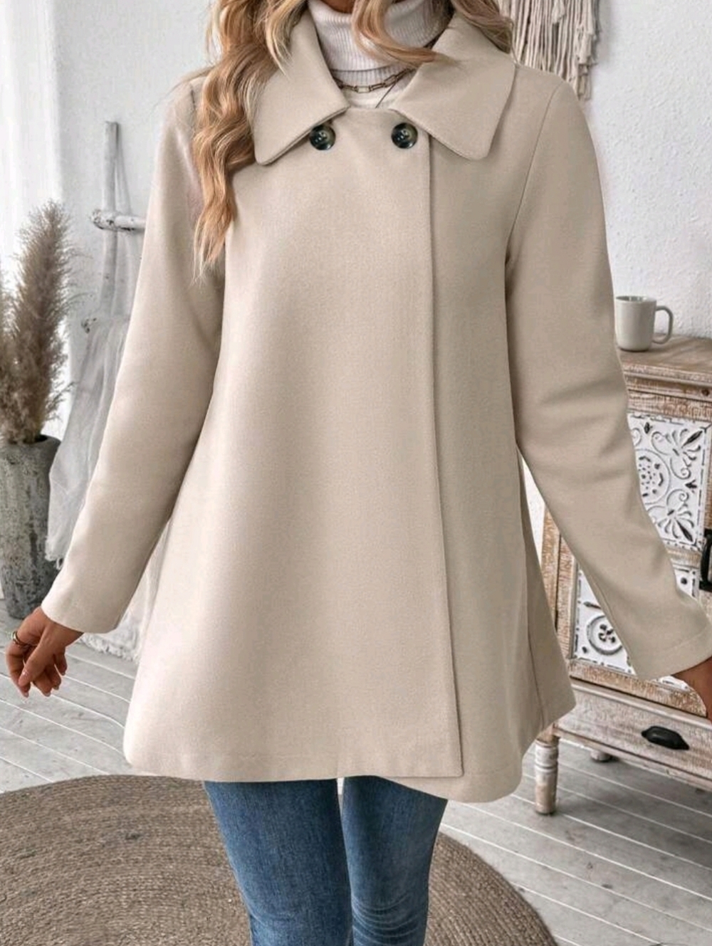 Beige A-Line Double-Button Coat